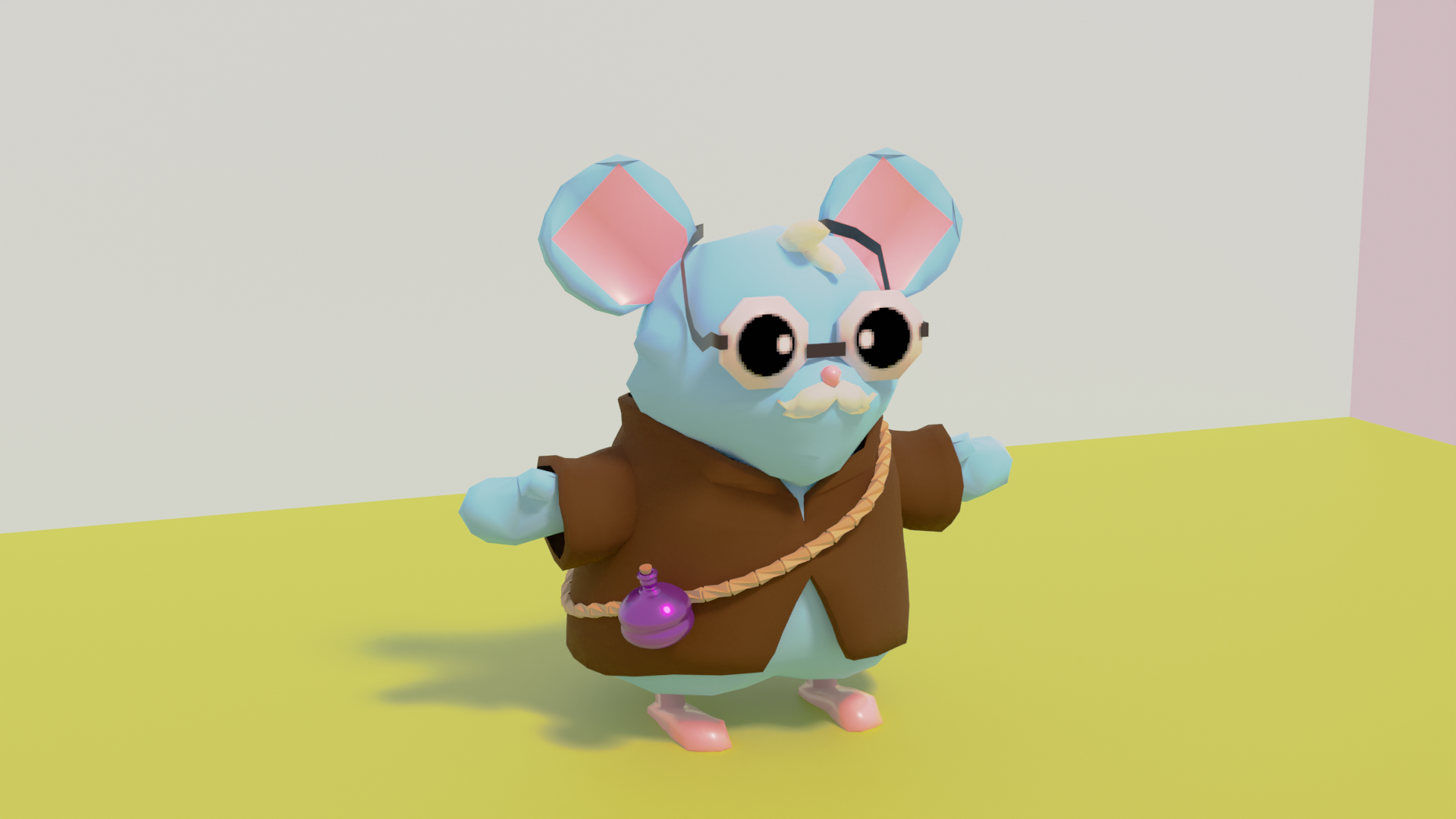 A render of a light-blue mouse in a T-pose taken from an "in-front-of-the-shoulder" 3/4 camera view. The mouse is a mix of medium- and low-polygon surfaces with pale pink ears, feet, and nose. They have glasses with stylized eyes drawn directly onto them instead seeing their actual eyes. The mouse has two tufts of white-colored fur on their forehead and a bushy white mustache. They are wearing a brown jacket and have a rope strapped over their left shoulder with a purple potion bottle along that rope resting by their right hip.