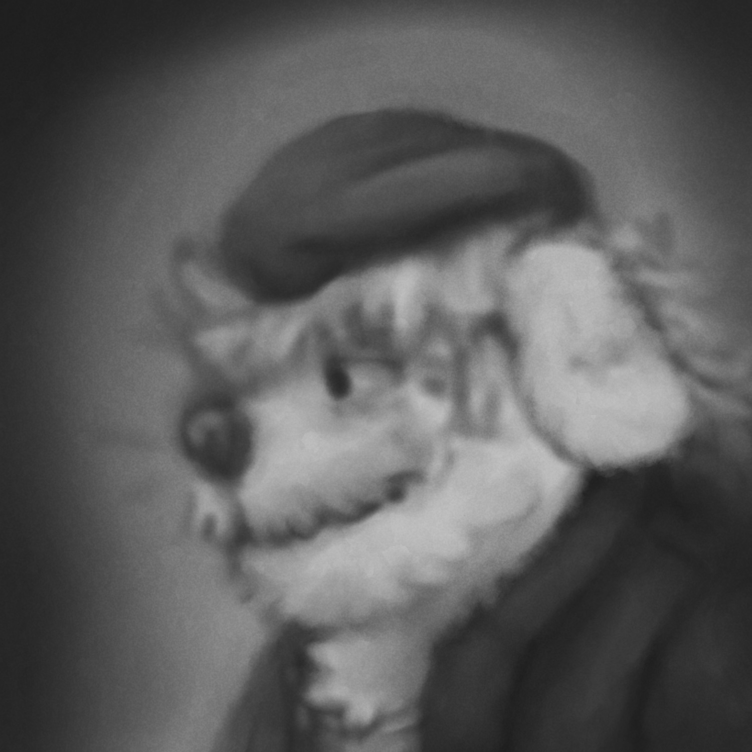 A black-and-white digitally-painted profile-view portrait of an anthropomorphic dog. He looks similar to a shephard dog, with medium-long white fur, a somewhat shaggy haircut, and a scruffy muzzle that looks like a mustache, making him appear to be middle-aged. He looks ahead contemplatively while wearing a dark beret and a dark coat. The image has a black vignette around him.