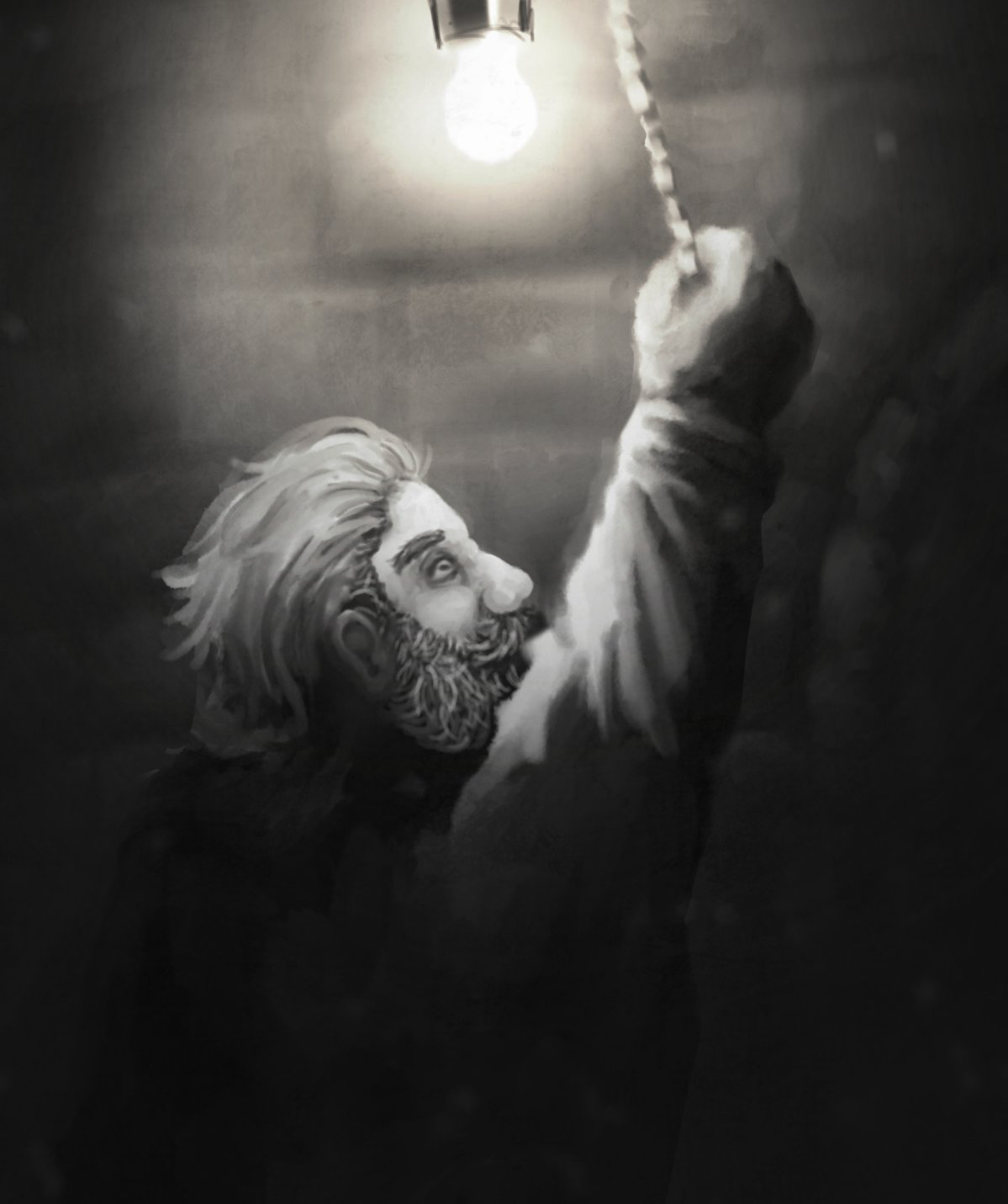 A psuedo-black-and-white digital painting of a dwarf man reaching up and grabbing the pull chain for a hanging light. The dwarf is an older man with long, slightly-wavy pulled-back hair, and a dark, bushy beard with lots of gray. The image has stark lighting. The bulb is lit and illuminates only the man's head, long-sleeve dress shirt, hand, and the brick walls in the background. The lightbulb emits a very subtle warm yellow in the otherwise-colorless image.